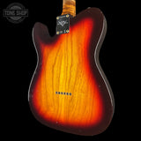 Guitar body with a sunburst finish on a black background, featuring the Tone Shop logo.
