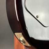 Close-up detail of a glossy dark brown electric guitar body, showing a gold-toned hardware plate and part of a white pickguard.