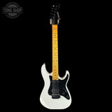 White electric guitar with a black pickguard on a white background, featuring 'Tone Shop' branding.