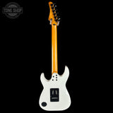 White electric guitar with a black pickguard on a white background, featuring the Tone Shop logo.