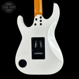 White electric guitar body with a visible brand logo on a black background