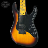 Electric guitar with a sunburst finish on a black background, featuring the Tone Shop logo.