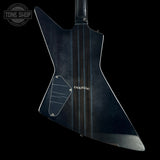 The back of a custom electric guitar with a dark, glossy black finish and vertical wood grain stripes, shown against a solid black background.