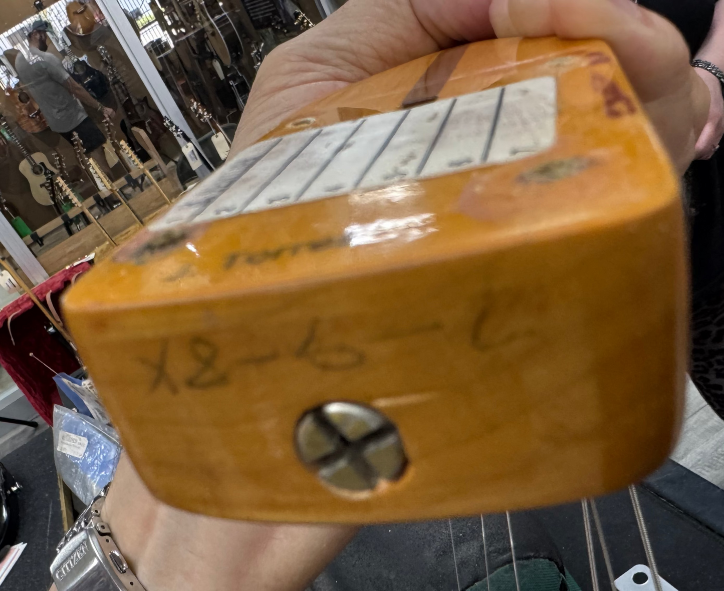 Bottom of neck of Used 1984 Fender Fullerton 1957 Stratocaster Reissue 2-Color Sunburst.