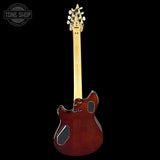 Electric guitar with a dark red finish on a black background, featuring the Tone Shop logo.