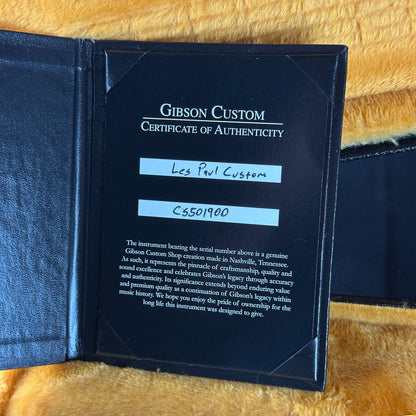 Certificate of authenticity for Gibson Custom Les Paul Custom Chambered Heavy Antique White VOS.