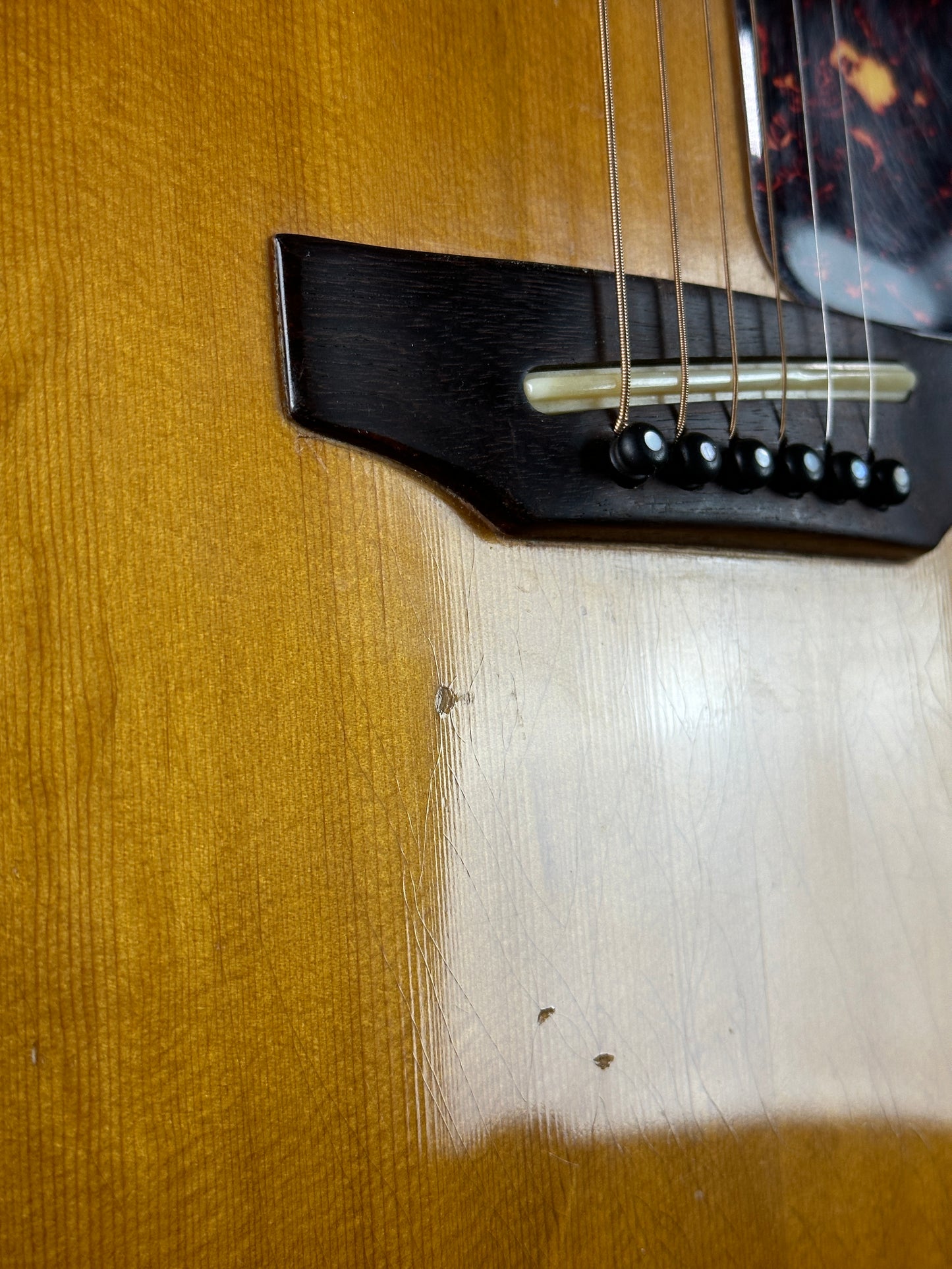 Close-up of a guitar's neck and headstock with visible screws.