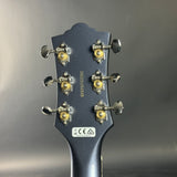 Guitar headstock with tuning pegs on a gray background