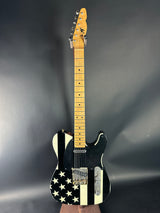 Guitar with American flag design on a gray background