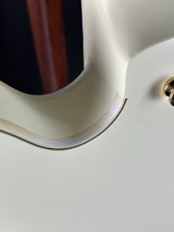 Close-up of a guitar neck and headstock on a white background
