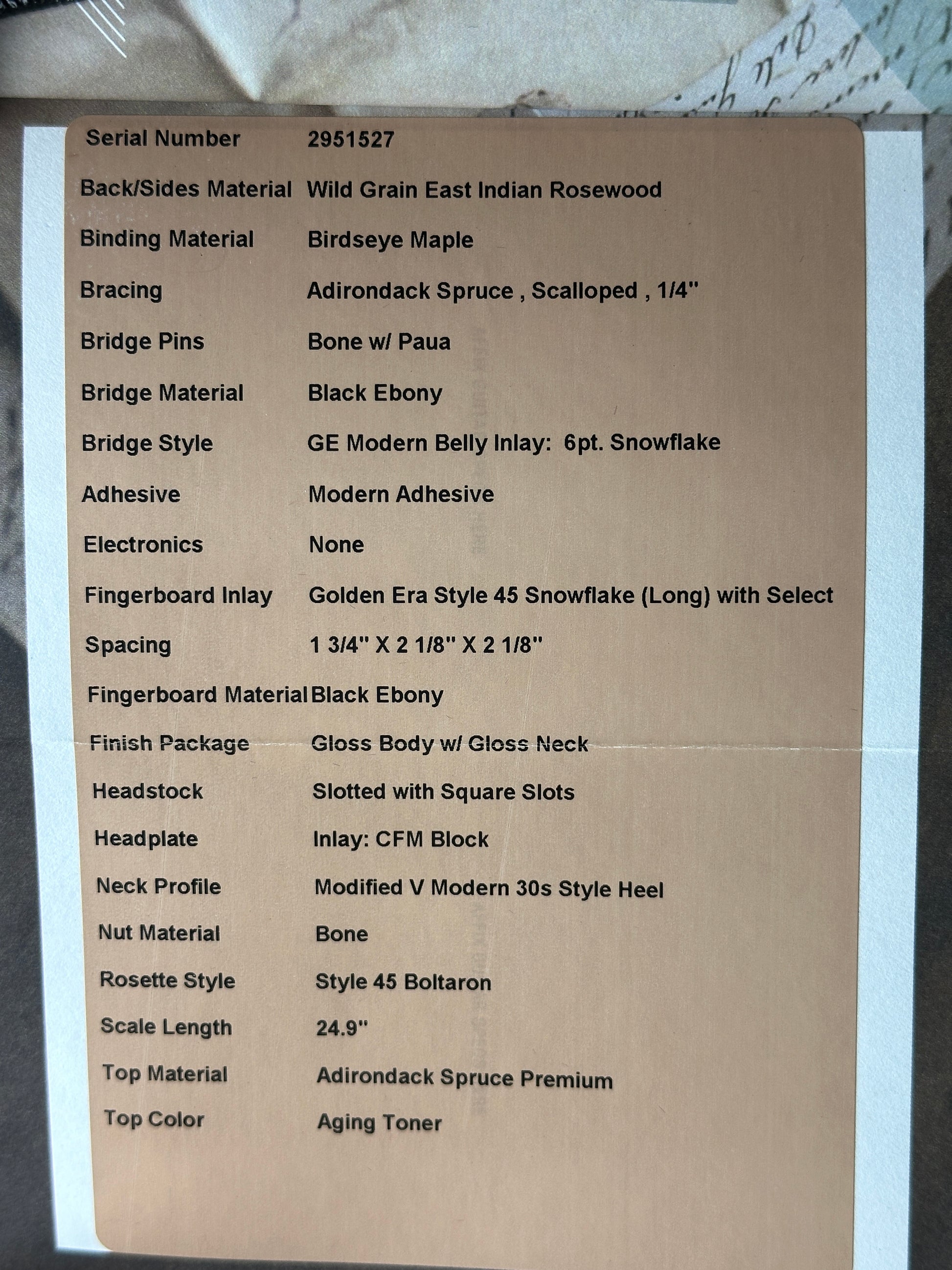 Spec sheet for Martin Custom Shop 00-12F 45 Style Adirondack/Wild Grain East Indian Rosewood.