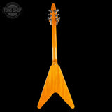 Orange electric guitar headstock on a black background with 'Tone Shop' logo.