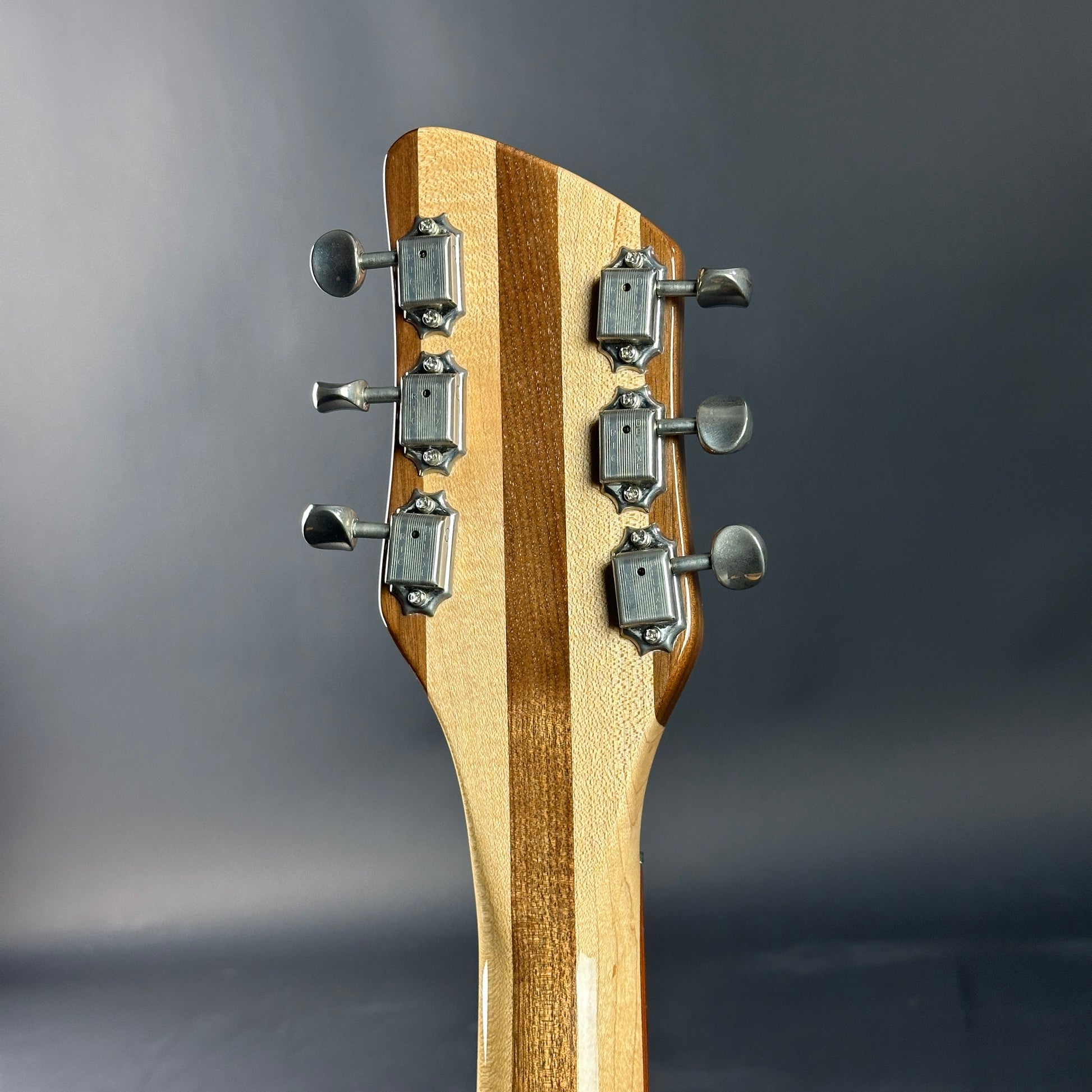 Guitar headstock with tuning pegs on a gray background