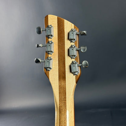Guitar headstock with tuning pegs on a gray background
