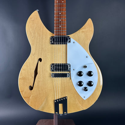 Electric guitar with a unique design on a dark background