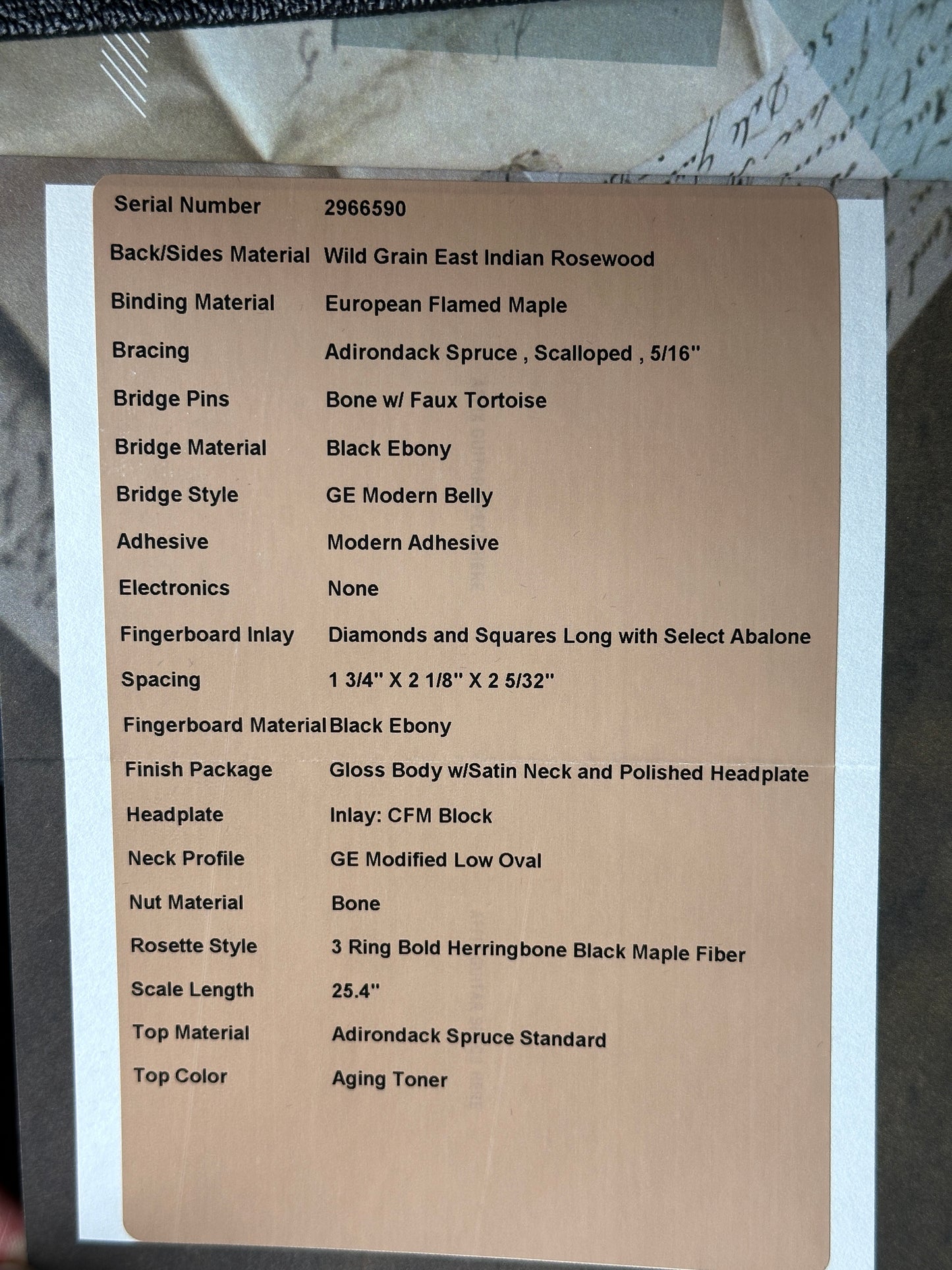 Spec sheet for Martin Custom Shop Dread 14-Fret Wild Grain East Indian Rosewood.