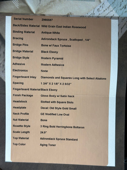 Spec sheet for Martin Custom Shop 00-12 Fret Wild Grain East Indian Rosewood.