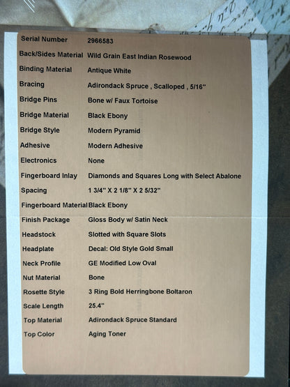 Spec sheet for Martin Custom Shop Dread 12-Fret Wild Grain East Indian Rosewood.