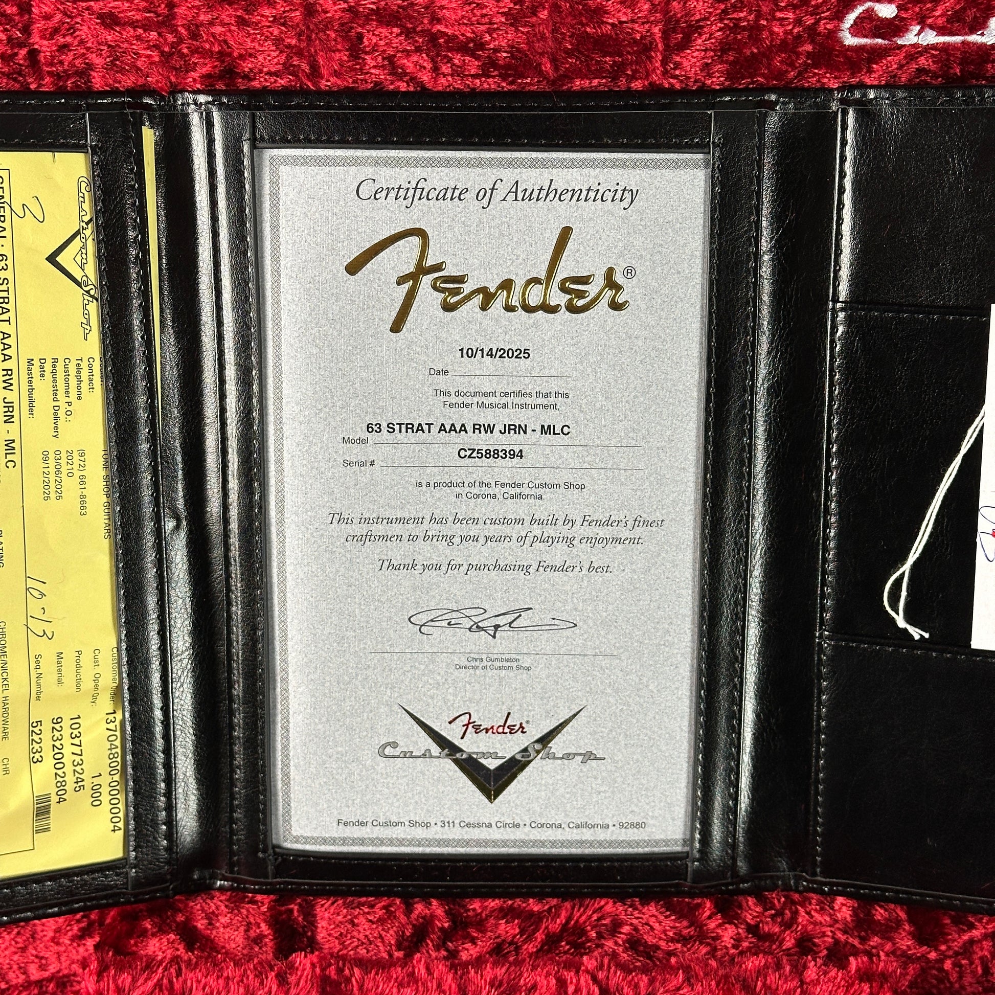 Certificate of authenticity for Fender Custom Shop 1963 Stratocaster Journeyman Relic AAA Maple Neck Melon Candy.