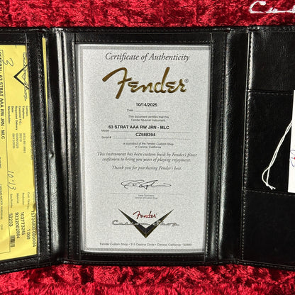 Certificate of authenticity for Fender Custom Shop 1963 Stratocaster Journeyman Relic AAA Maple Neck Melon Candy.
