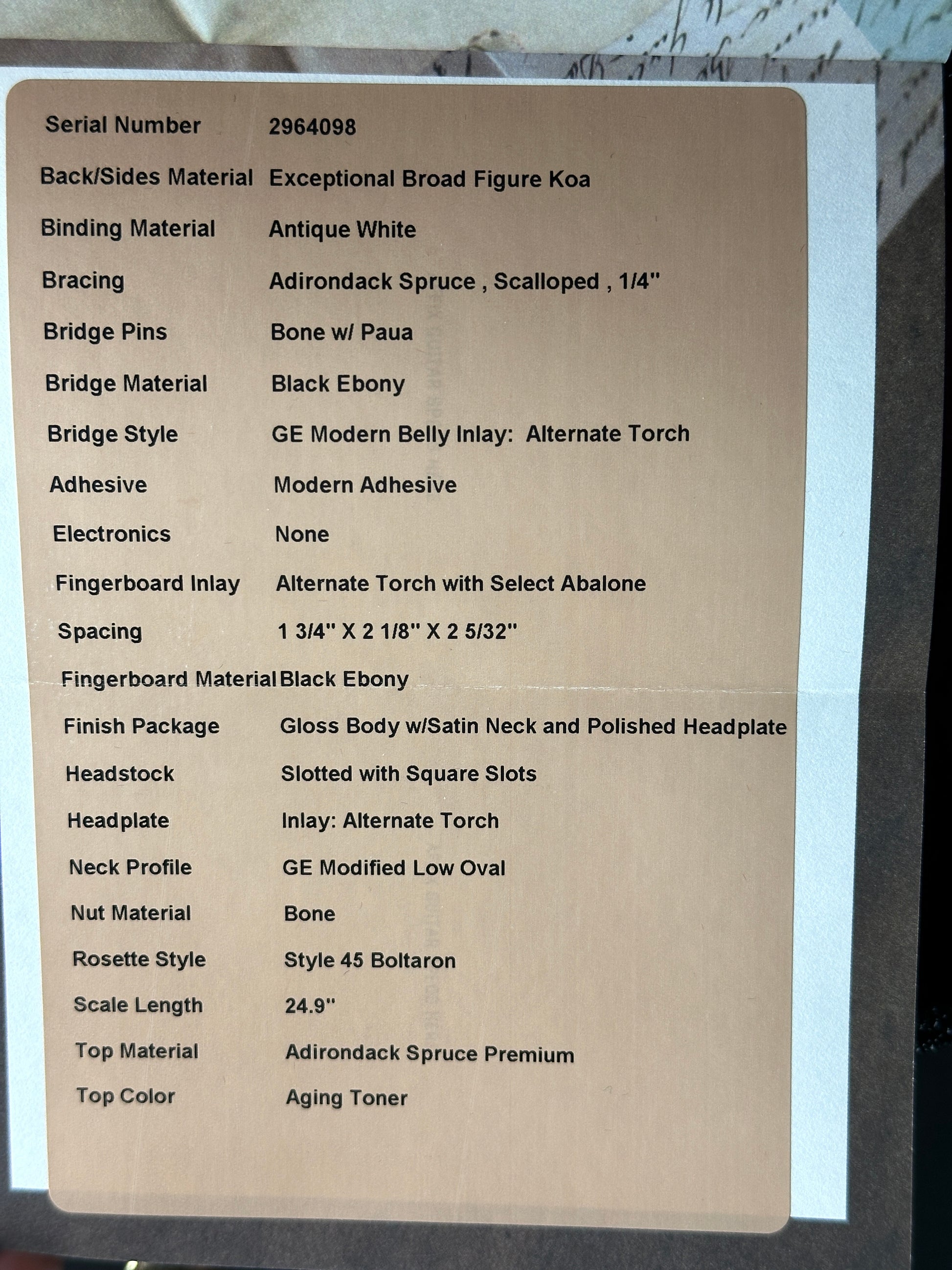 Spec sheet for Martin Custom Shop 00-12F 41 Style Adirondack/Exceptional Broad Figure Koa.