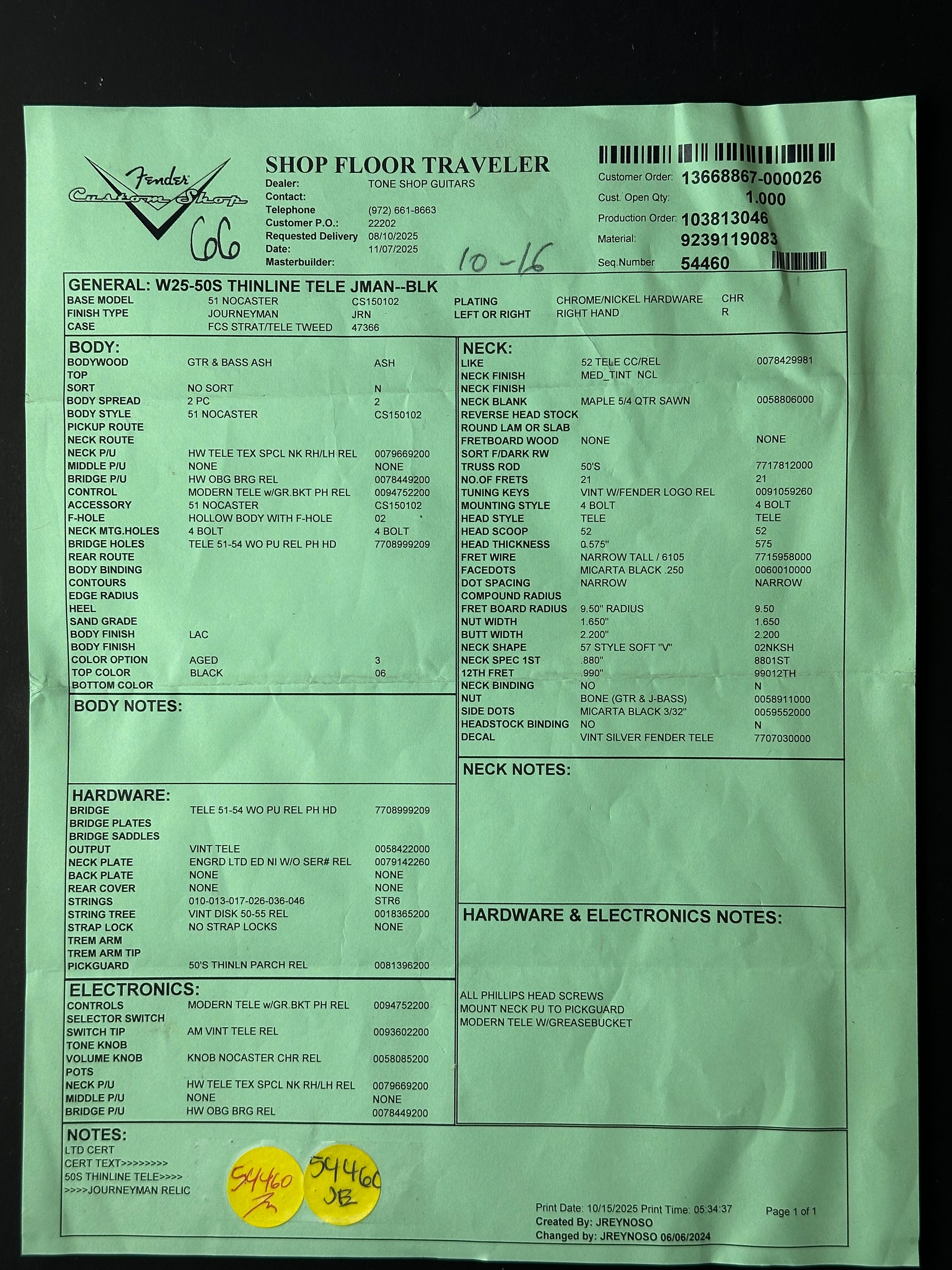 Green paper with printed text and a yellow sticker on a black background