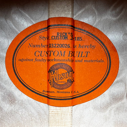 Label inside of Used Gibson Custom Shop J-185 Rick's Custom 1 of 1 w/Case TFW2550