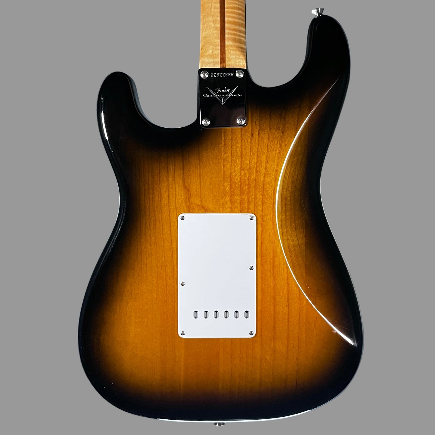 Back of Used Fender Custom Shop Stratocaster 1 of 1 Maple Top Sunburst w/Case TFW2549