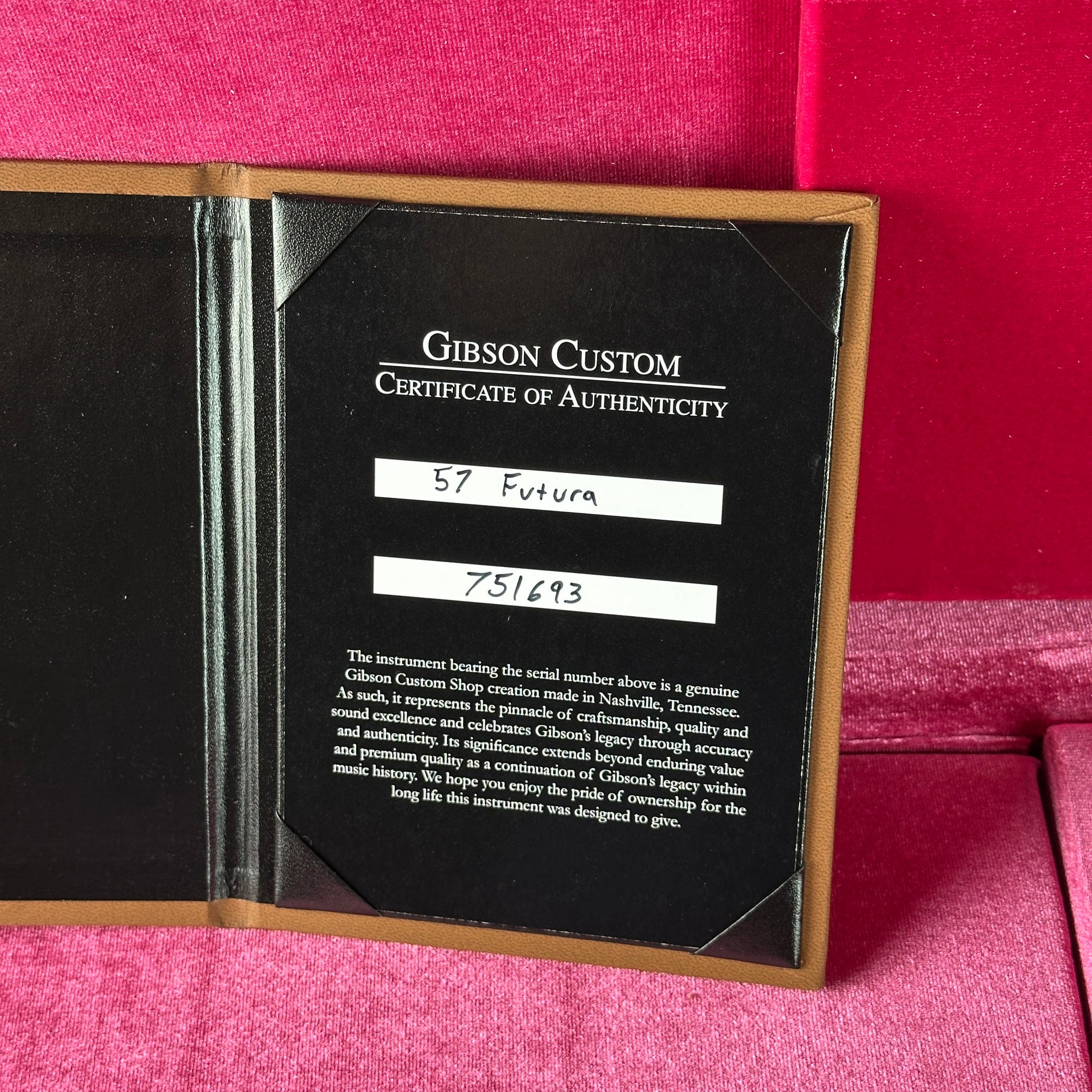 Gibson Custom Certificate of Authenticity on a pink background