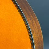 Close-up of a guitar's soundhole with a wooden rim and orange body.