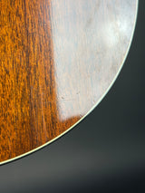 Close-up of a guitar's soundboard with a dark gray background
