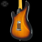 Fender electric guitar with a sunburst finish on a black background, featuring the Tone Shop logo.