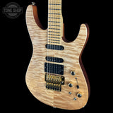 Wooden electric guitar with a black background