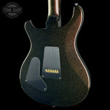 Close-up of the back of an electric guitar body with a dark metallic glitter finish, showing two silver control plates and a gold bridge, photographed against a black background.