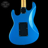 Blue electric guitar on a black background with 'Tone Shop' logo.
