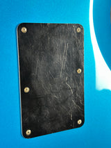 Black rectangular plate with screws on a blue background