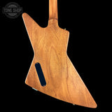 Wooden guitar body with a visible brand logo in the corner