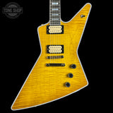 Front of Gibson Explorer Dealer Select AAA Explorer Custom Lemon Burst.