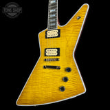 Front angle of Gibson Explorer Dealer Select AAA Explorer Custom Lemon Burst.