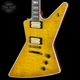 Front angle of Gibson Explorer Dealer Select AAA Explorer Custom Lemon Burst.