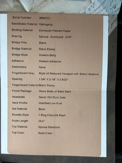 Spec sheet for Martin Custom Shop Slope Shoulder Dread Spruce/Mahogany Burgundy.