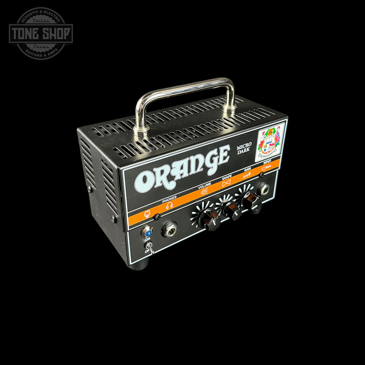 Orange VOICED DUCK 200W guitar amp head in black with orange accents, featuring a silver handle and four control knobs, shown on a black background.