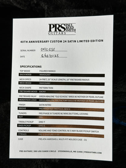 Spec sheet for PRS 40th Anniversary Custom 24 Satin Limited Charcoal Tri-Burst.