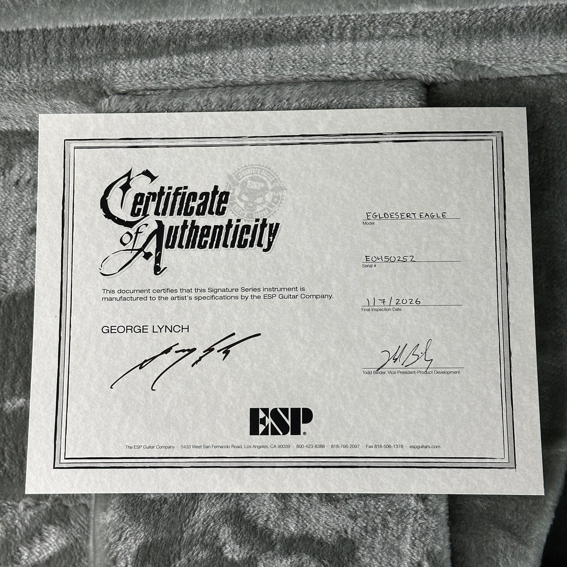 Certificate of Authenticity for ESP Original Series George Lynch Desert Eagle w/case E0450252