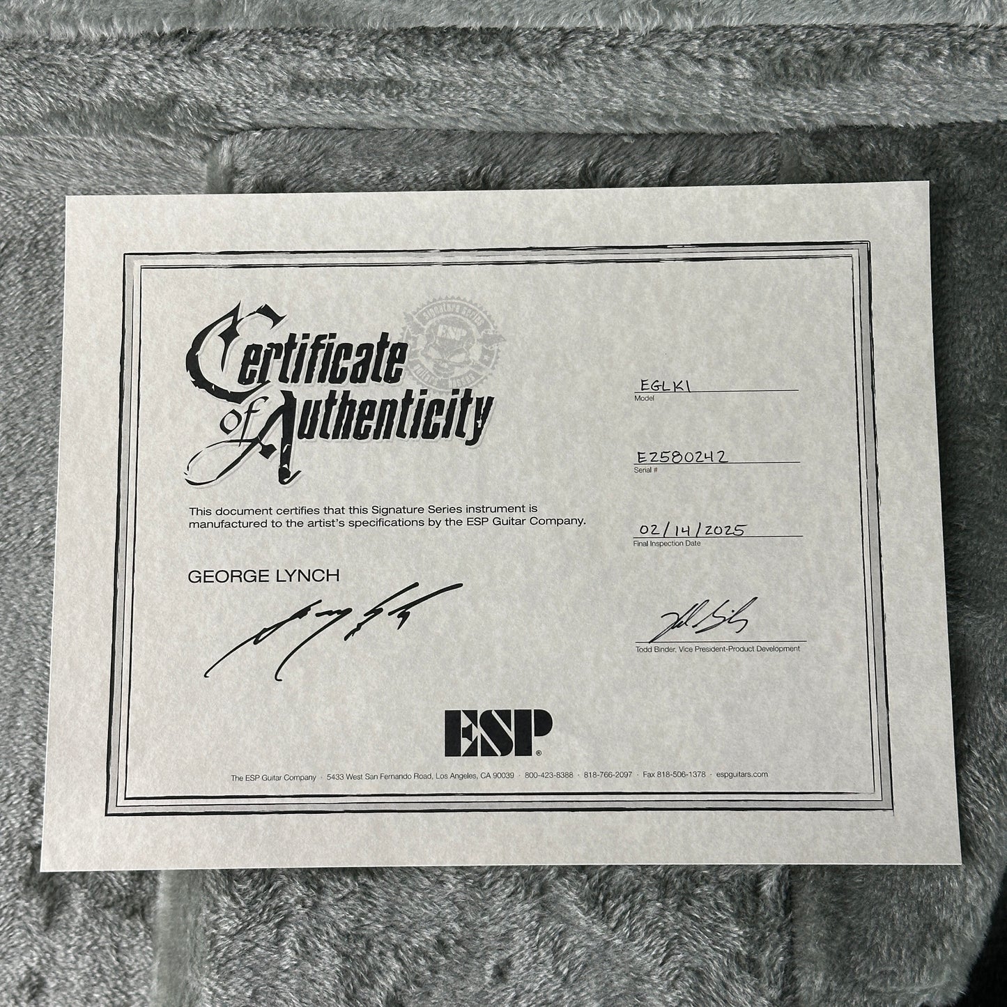 Certificate of authenticity for ESP Original Series George Lynch Kamikaze 1 w/case E2580242