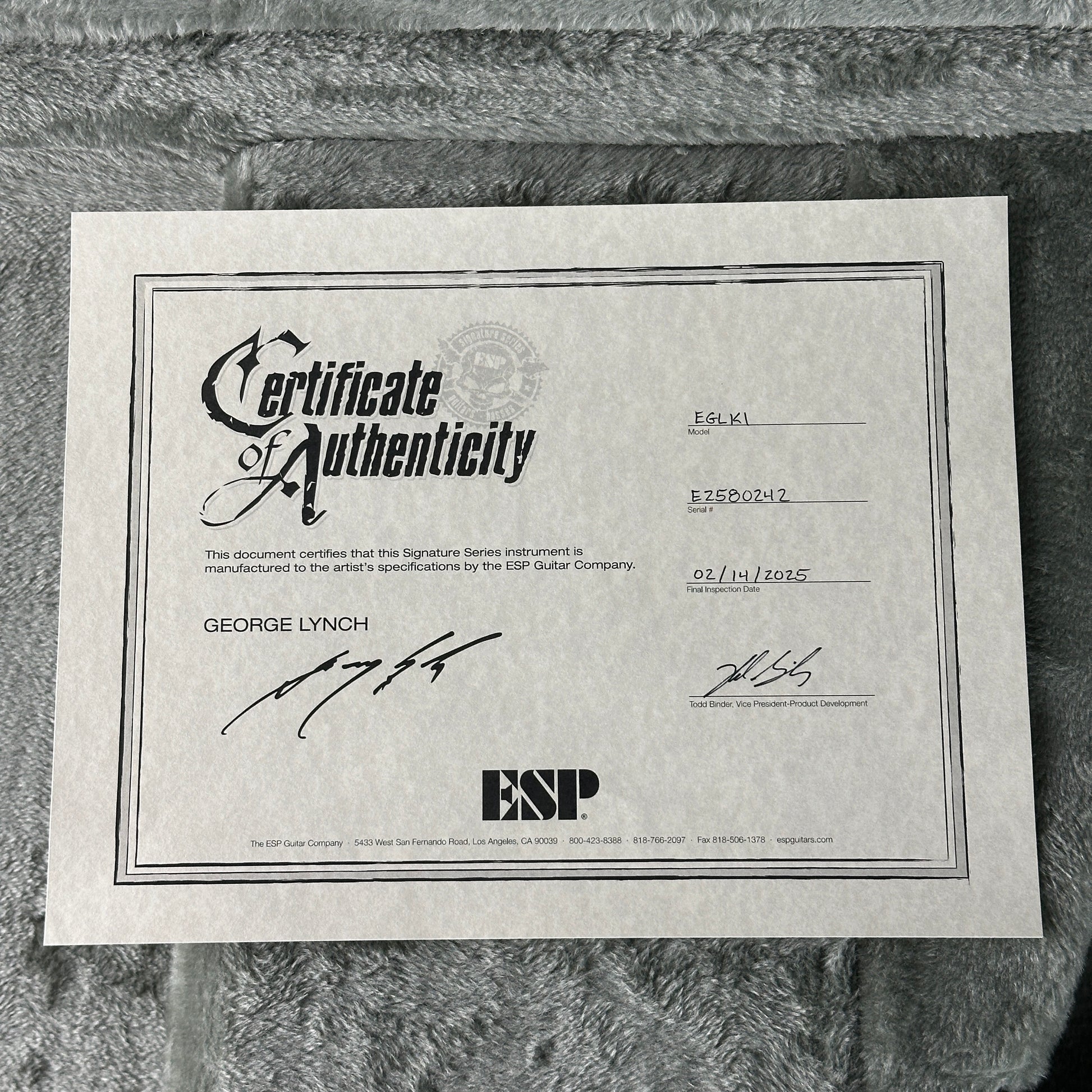 Certificate of authenticity for ESP Original Series George Lynch Kamikaze 1 w/case E2580242