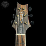 Guitar headstock with brand logo on a black background
