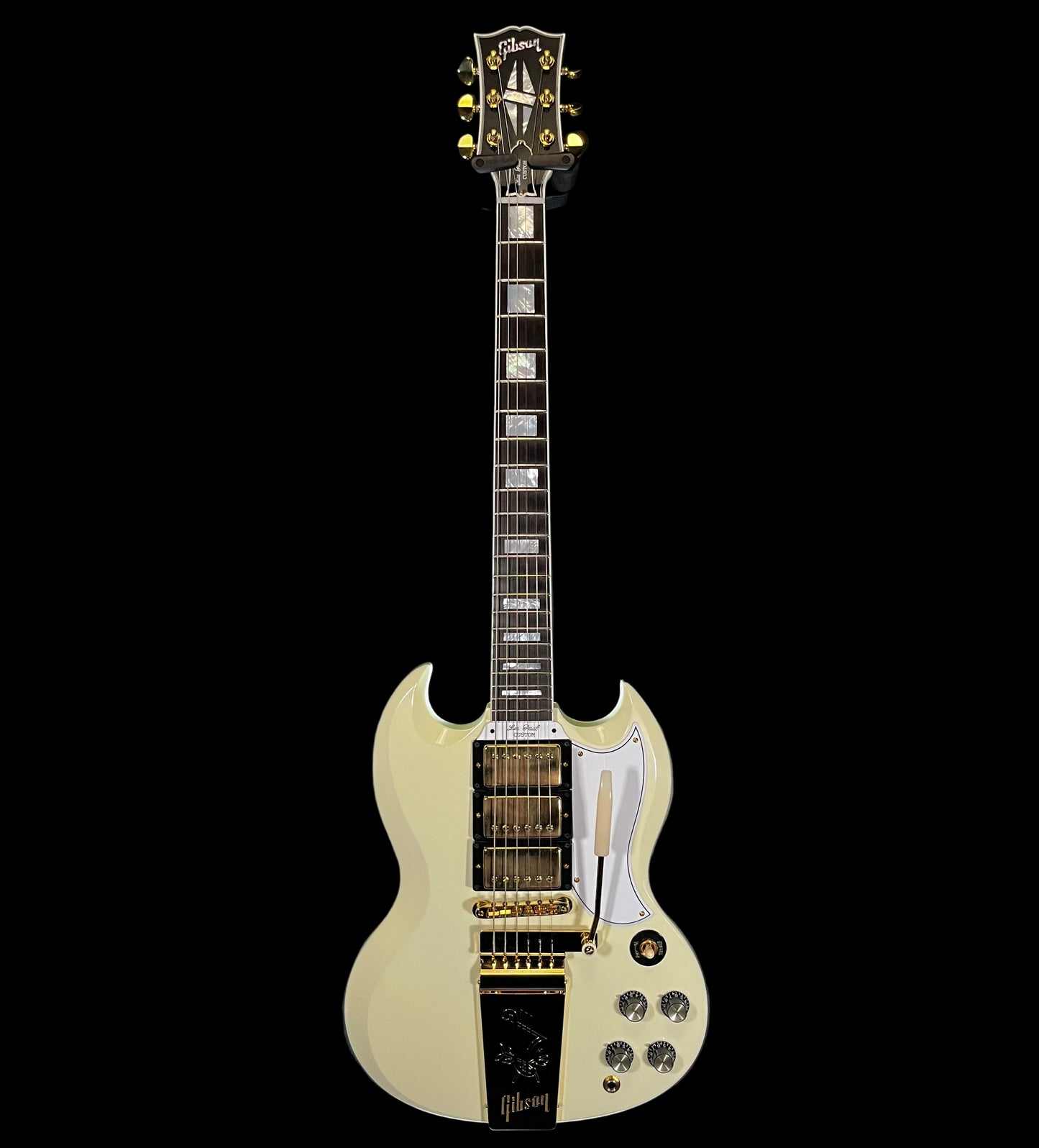 Full front of Used 2024 Gibson 63 SG Custom Reissue w/Maestro Vibrola Classic White w/Case TFW2604