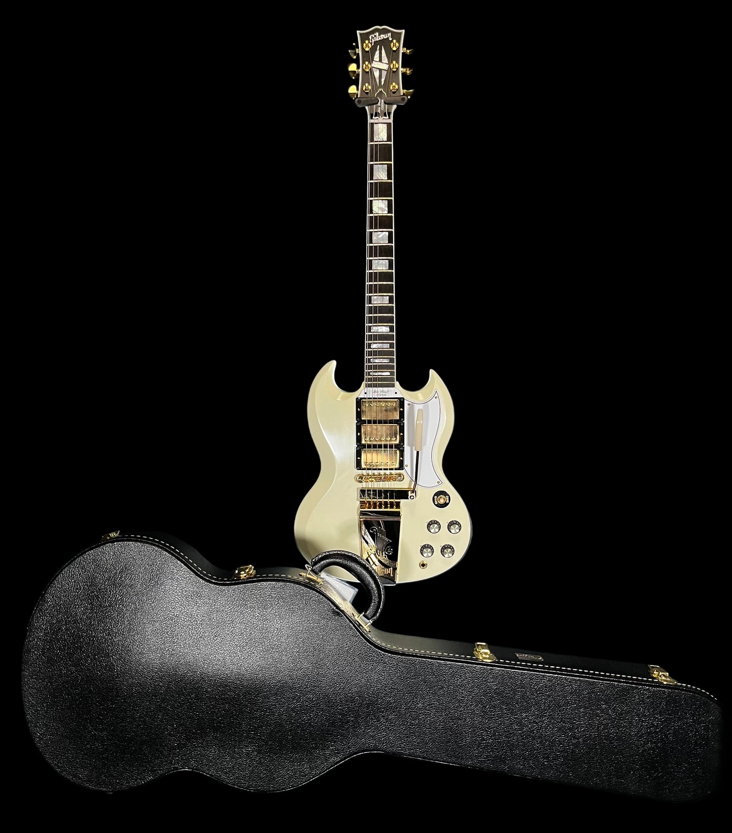 Front of w/case of Used 2024 Gibson 63 SG Custom Reissue w/Maestro Vibrola Classic White w/Case TFW2604