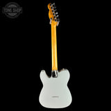 Electric guitar with a white body and yellow neck on a black background, featuring 'Tone Shop' branding.
